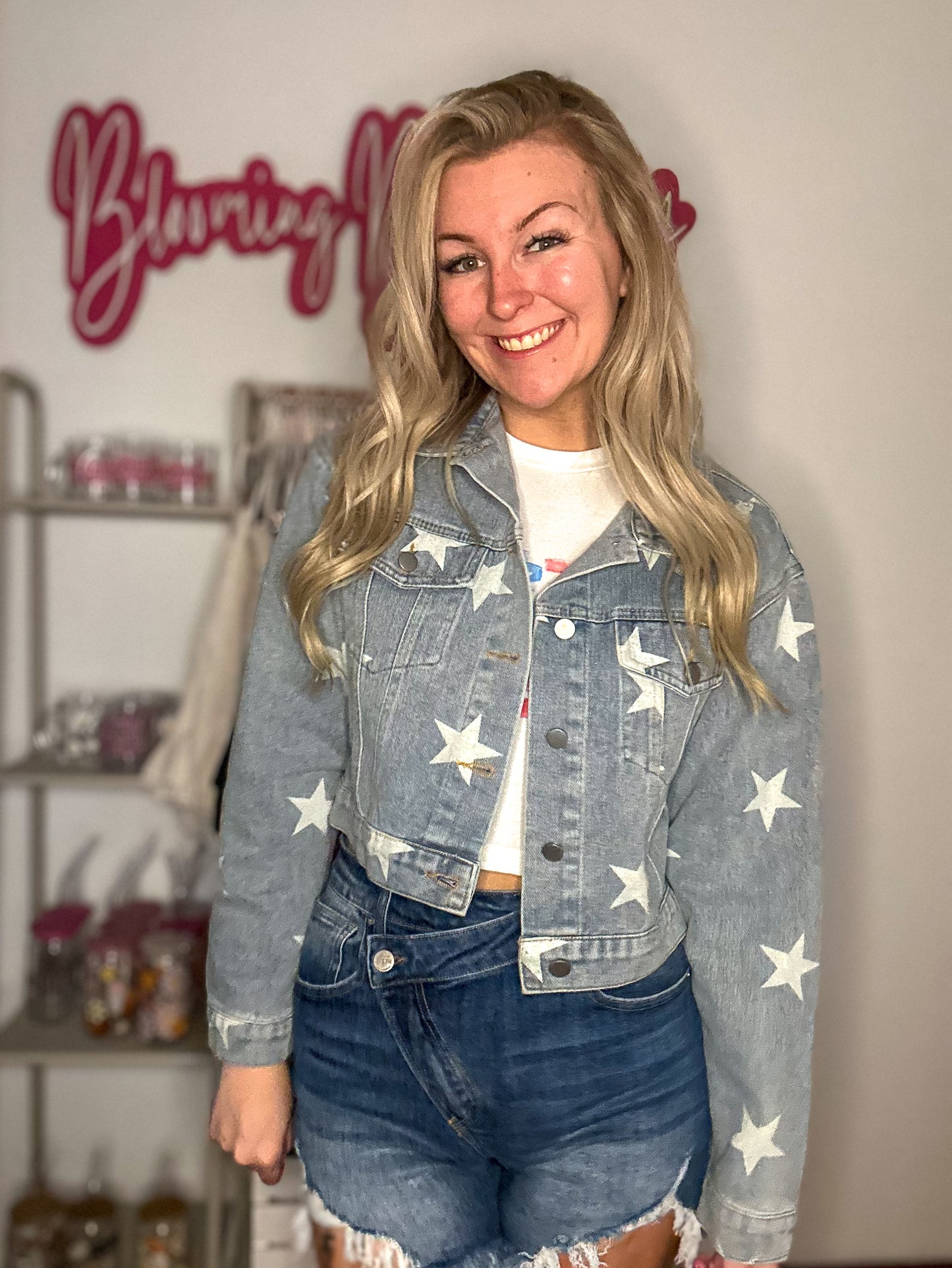 Scarlett Star Print Distressed Cropped Denim Jacket