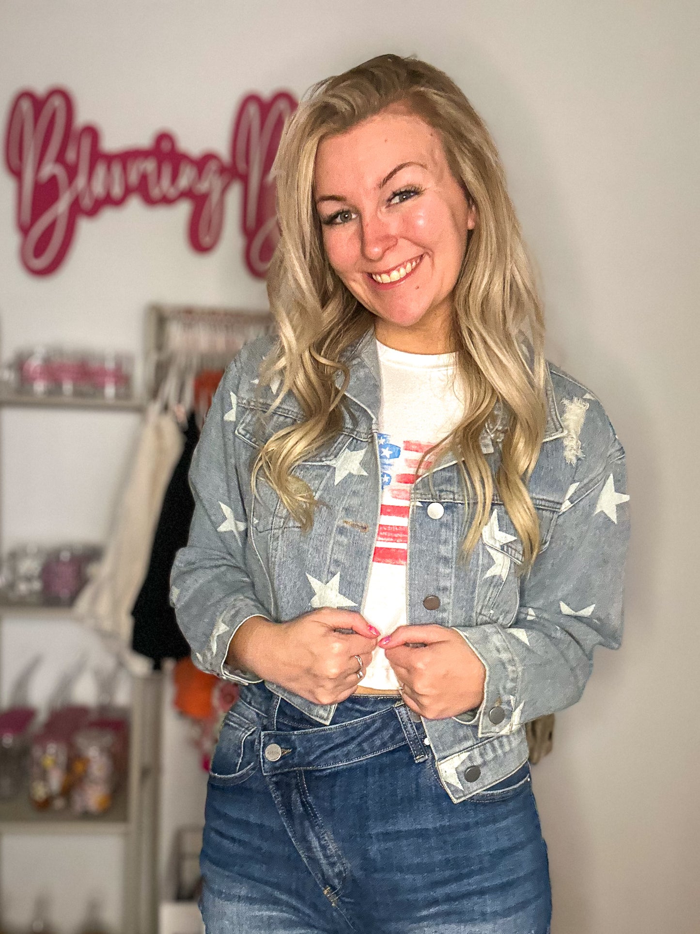 Scarlett Star Print Distressed Cropped Denim Jacket