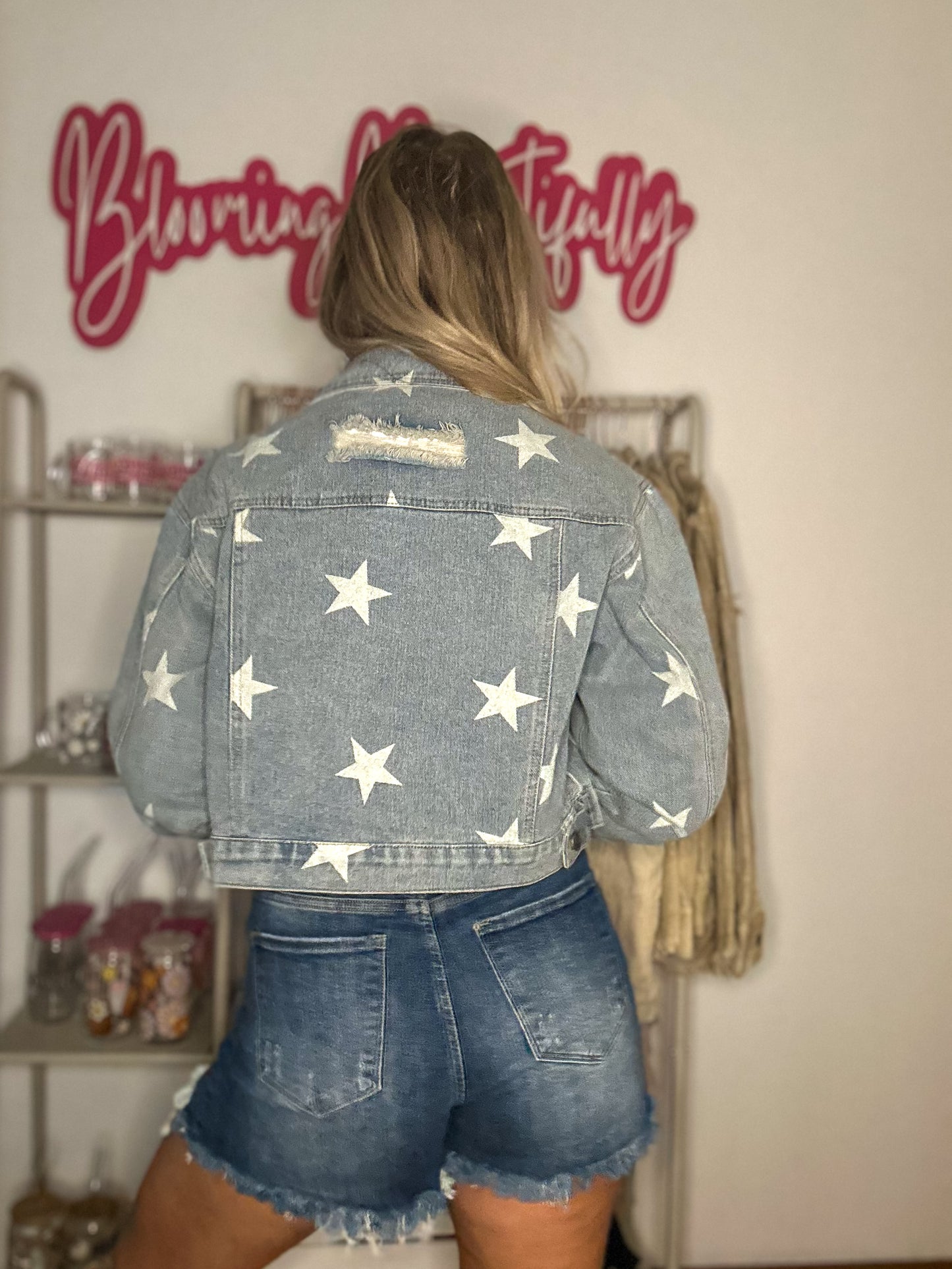 Scarlett Star Print Distressed Cropped Denim Jacket