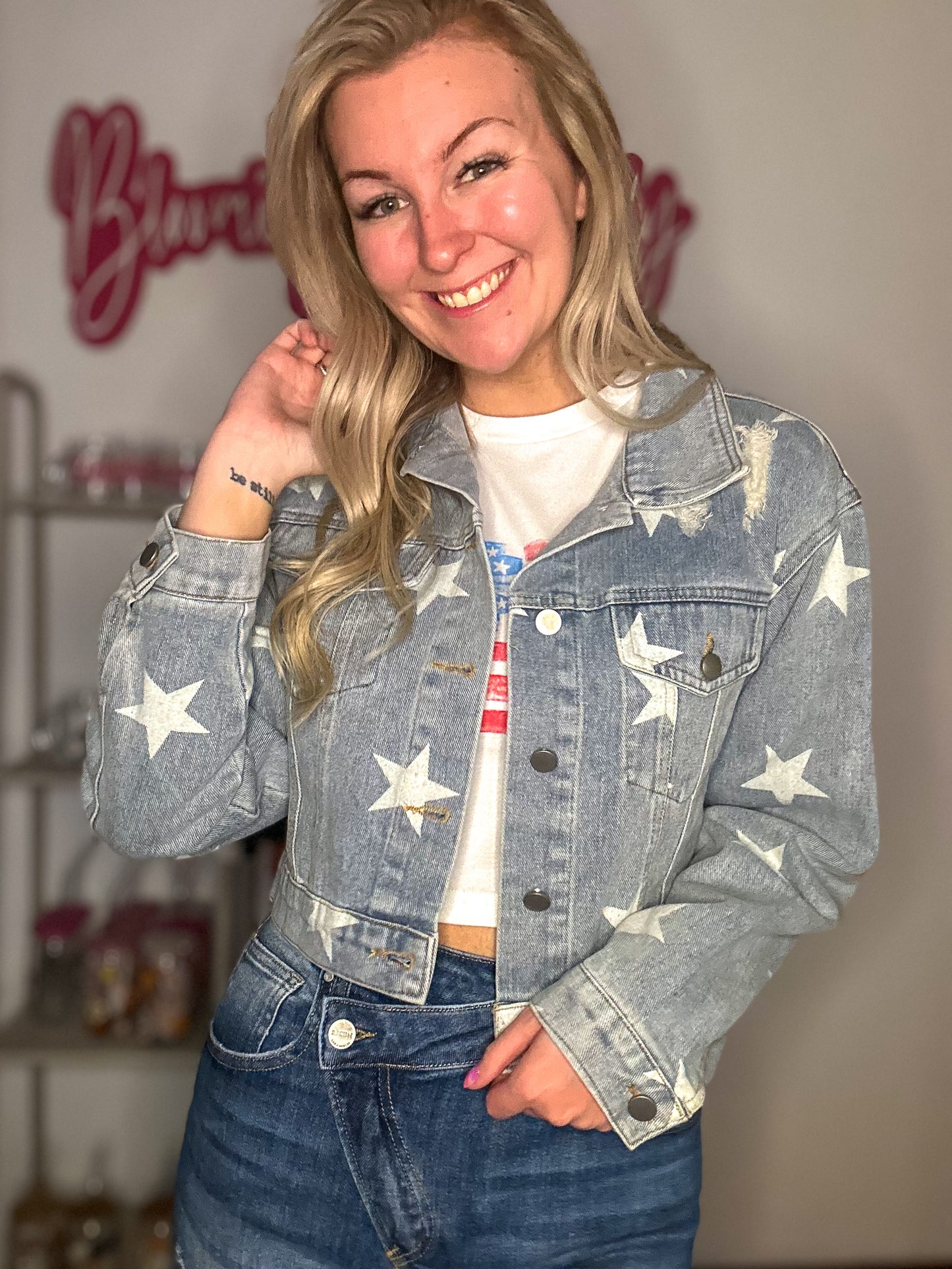 Scarlett Star Print Distressed Cropped Denim Jacket