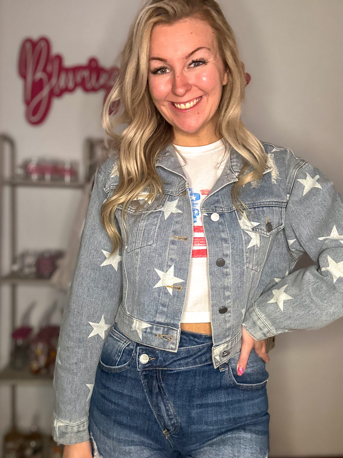 Scarlett Star Print Distressed Cropped Denim Jacket