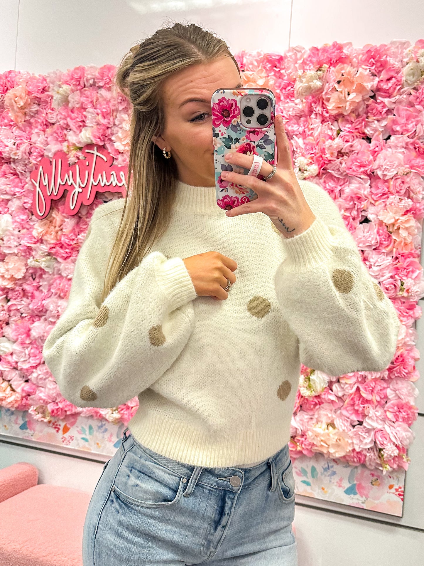 Felicity Fuzzy Polka Dot Crop Sweater - Ivory/Taupe