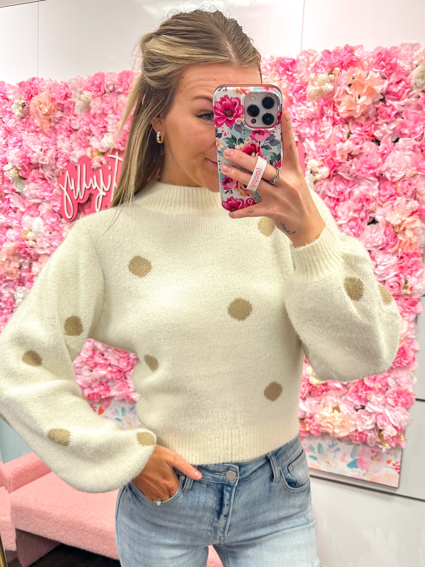 Felicity Fuzzy Polka Dot Crop Sweater - Ivory/Taupe