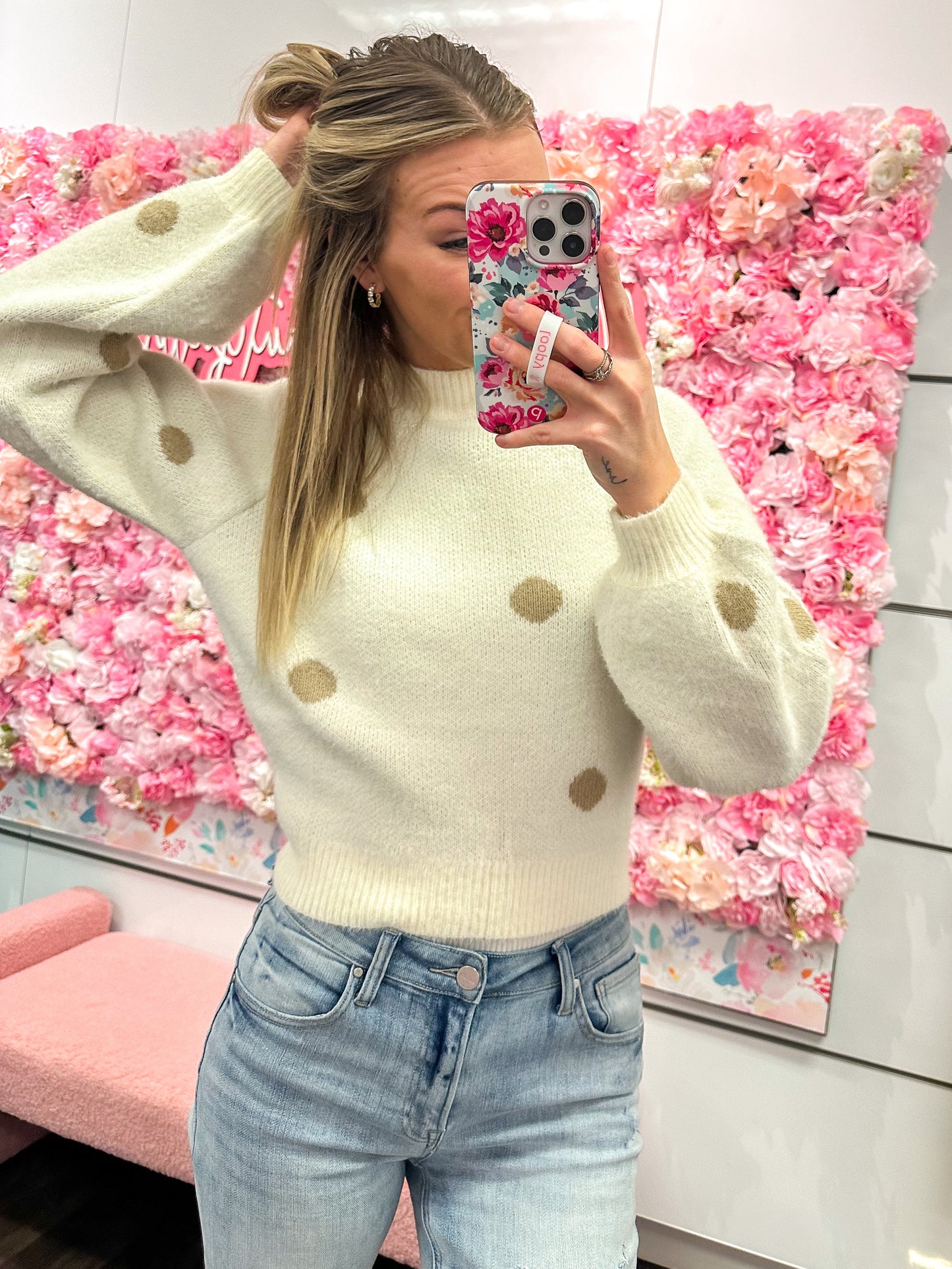 Felicity Fuzzy Polka Dot Crop Sweater - Ivory/Taupe