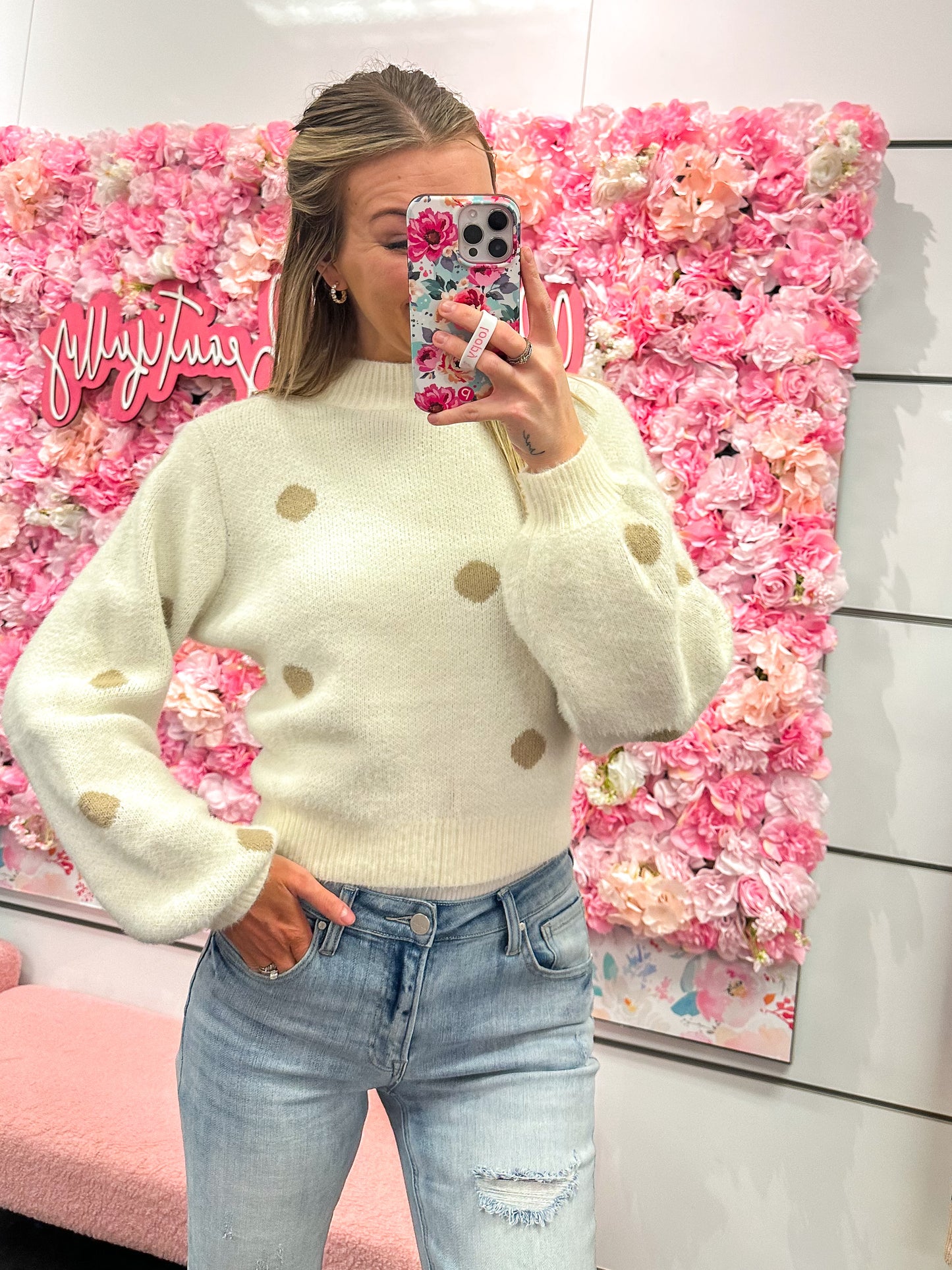 Felicity Fuzzy Polka Dot Crop Sweater - Ivory/Taupe