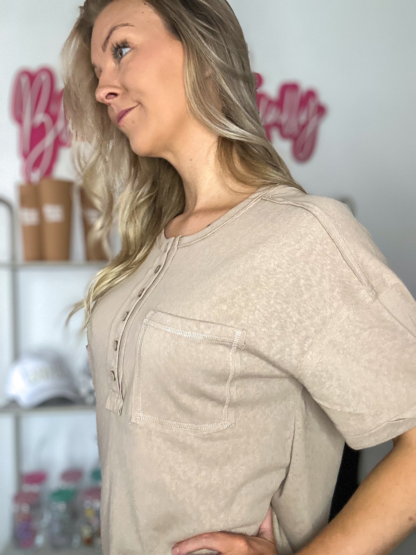 Tillie Twisted Sleeve Band Henley Top - Taupe