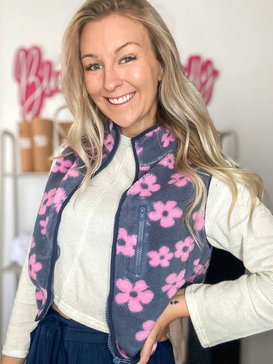 Poppy Printed Flower Fleece Vest - Denim Mix