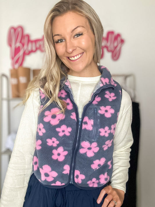 Poppy Printed Flower Fleece Vest - Denim Mix