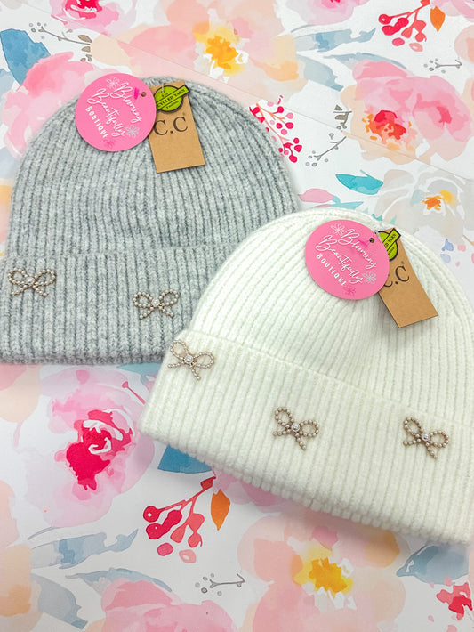 Pearl Bow Embellished Cuff C.C Beanie *3 Colors!