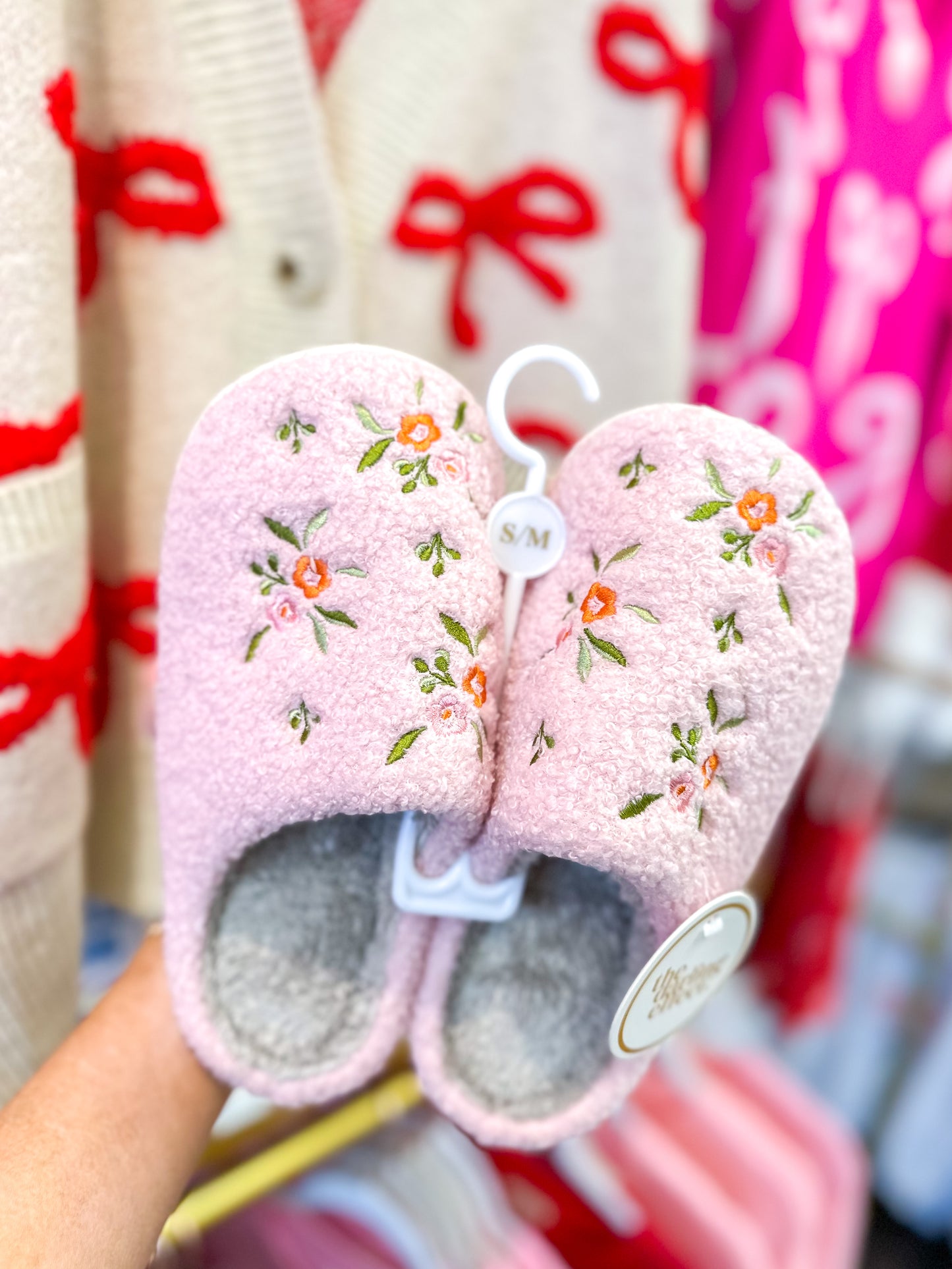 Dainty Floral Pink Fuzzy Slippers