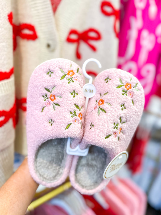 Dainty Floral Pink Fuzzy Slippers