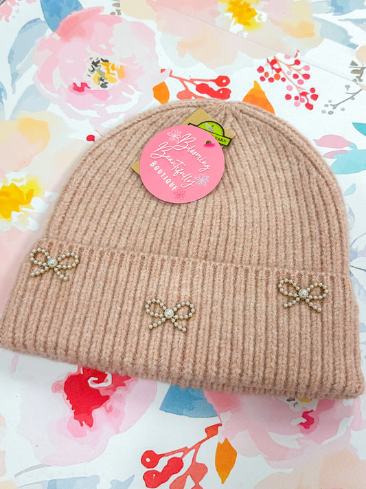 Pearl Bow Embellished Cuff C.C Beanie *3 Colors!