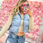 Sasha Side Bow Tie Front Zipper Crop Puffer Vest - Baby Blue