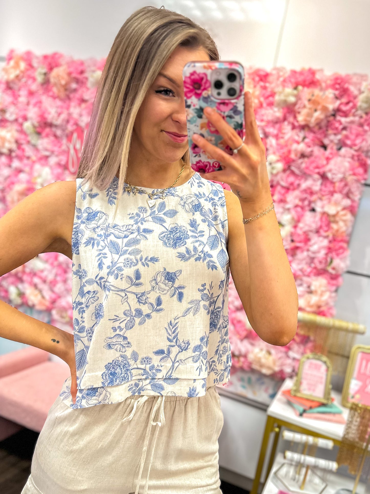 Coastal Bloom Linen Layered Tank