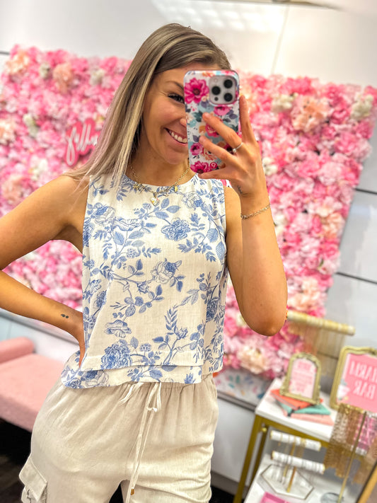 Coastal Bloom Linen Layered Tank