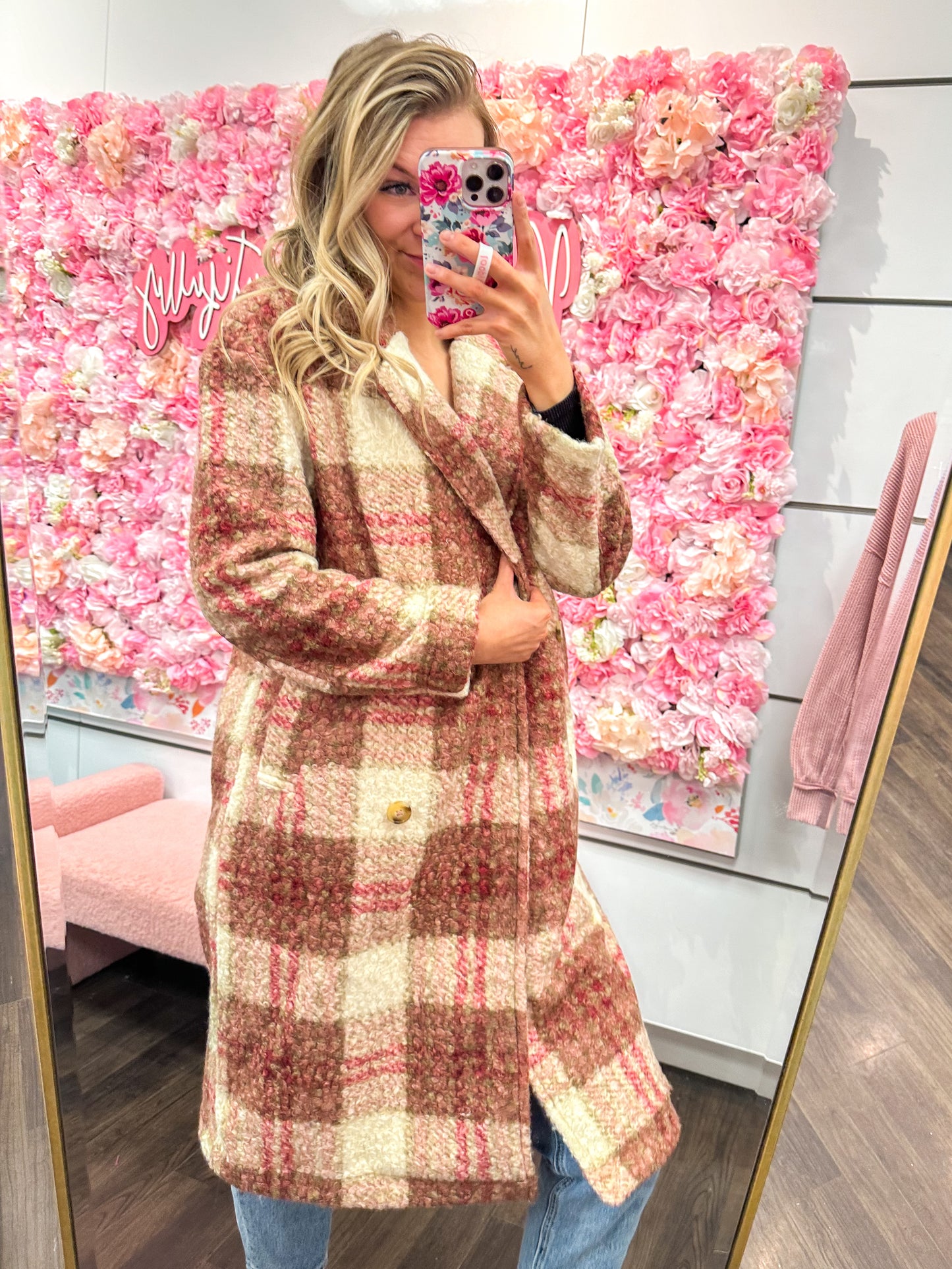 Penelope Plaid Soft Oversized Button Down Long Coat - Rose Mix