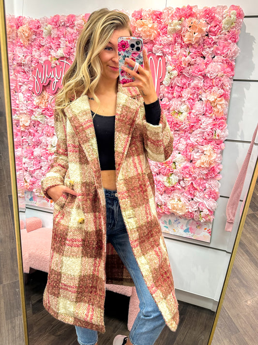 Penelope Plaid Soft Oversized Button Down Long Coat - Rose Mix