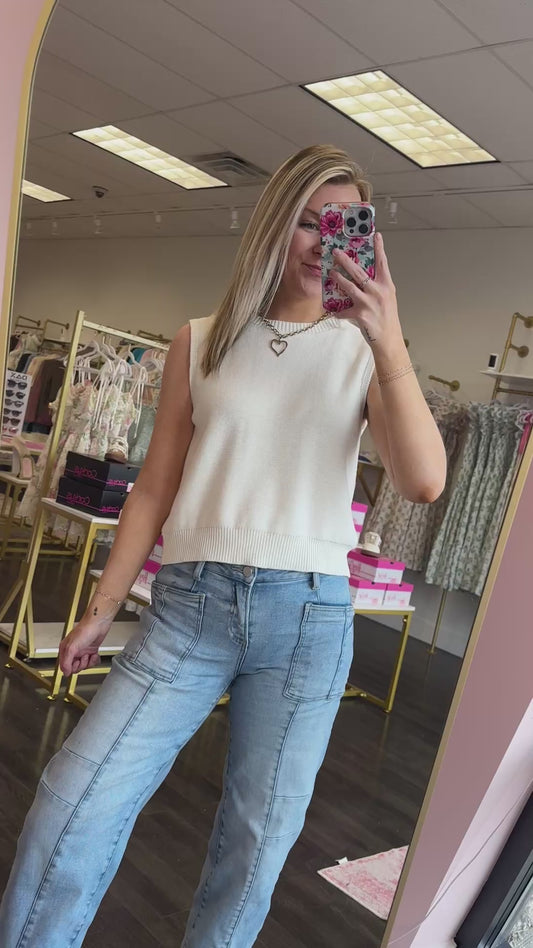 Brielle Bow Back Sweater Top - Sky Blue/Off White